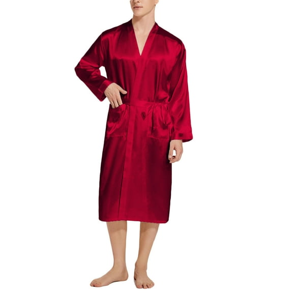 Cxenplz Men's Silky Satin Kimono Robe Long Sleeve Lightweight Bathrobe Pajamas Classic Long Sleepwear Lounge Robe with Pockets