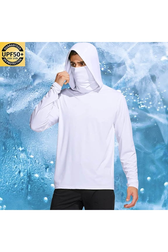 Men's Sun Protection Hoodie Shirts UPF 50+ Quick Dry Long Sleeve Sun Guard T-Shirts Fishing Climbing Lightweight Hooded Blouses with Mask Rash Guard