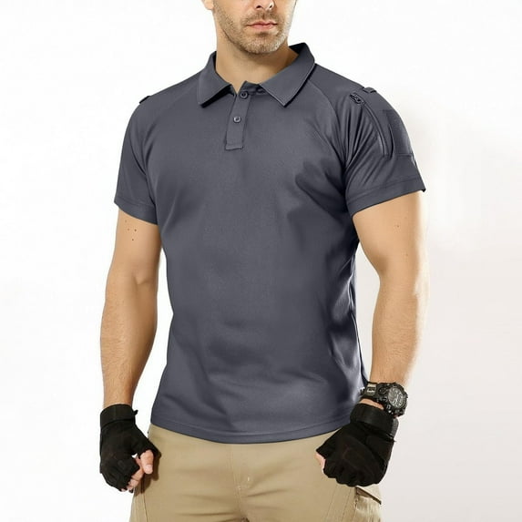 Abomasnow Men's Tactical Military Shirts Slim Fit Short Sleeve Lapel Performance Shirt Moisture Wicking Running Hiking Shirt with Hidden Pockets