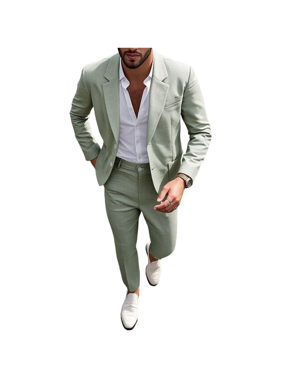 Men's Two Piece Suit Set Long Sleeve Notched Lapel Two Button Blazer Matching Flat Front Dress Pants Business Wedding Outfit