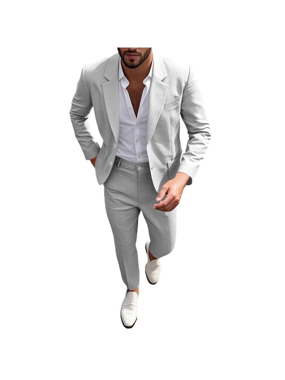Men's Two Piece Suit Set Long Sleeve Notched Lapel Two Button Blazer Matching Flat Front Dress Pants Business Wedding Outfit