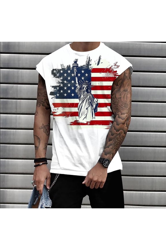 Men's Workout Tank Tops Sleeveless Gym Cut Off Tee Bodybuilding Fitness Muscle American Flag Shirts