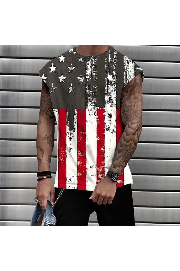 Men's Workout Tank Tops Sleeveless Gym Cut Off Tee Bodybuilding Fitness Muscle American Flag Shirts