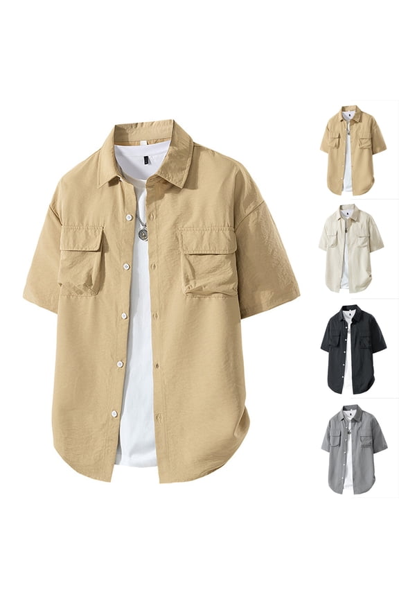 Mens Cargo Shirts Button Down Short Sleeve Collared Shirts Work Office Casual Regular Fit Shirts with Pockets