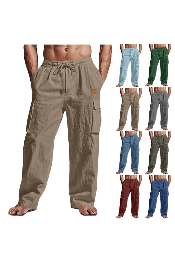 Mens Cargo Work Pants Straight Leg Elastic High Waist Drawstring Hiking Tactical Pants Work Pants with 4 Pockets