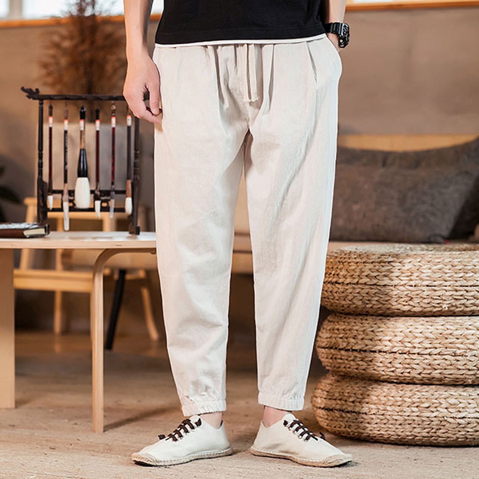 Abomasnow Mens Casual Cotton Linen Pants Elastic Waist Drawstring ...