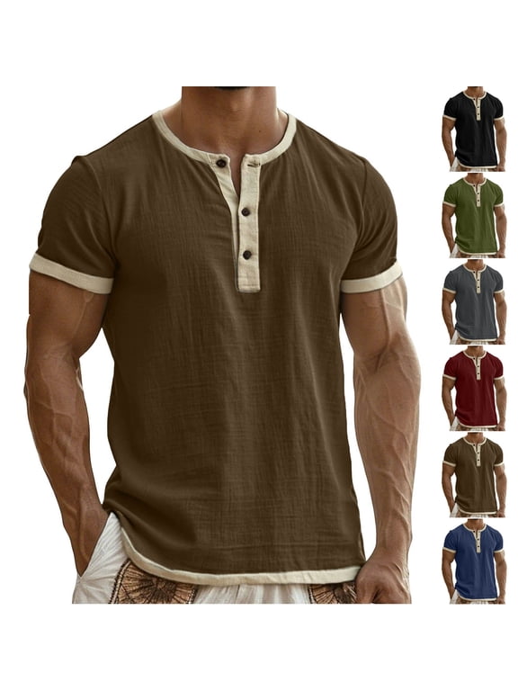 Mens Cotton and Linen T-Shirts Quarter Button Short Sleeve Crewneck Shirts Casual Summer Lightweight Basic Tee Shirts