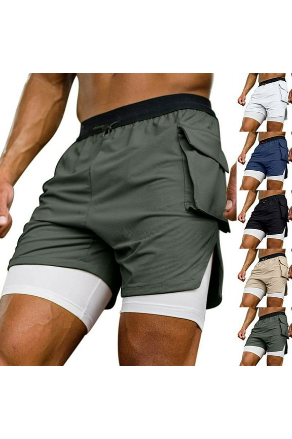 Mens Double-Deck Fitness Sports Shorts Summer Slim Fit Quick Dry Breathable Shorts Lightweight Compression Lined Performance Sweatshorts on Clearance
