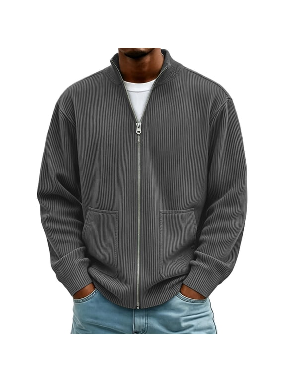 Mens Full Zip Cardigan Sweater Casual Mock Neck Cable Knitted Winter Chunky Sweaters Jackets