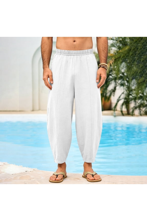 Mens Harem Pants Casual Elastic Waist Drawstring Cotton Cropped Pants Baggy Hippie Boho Beach Yoga Trousers