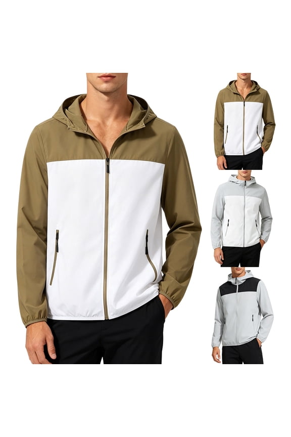 Mens Softshell Jacket Zip Up Long Sleeve Water Wind Resistant Color Block Hodded Jackets Casual Lightweight Hiking Travel Jackets with Pockets