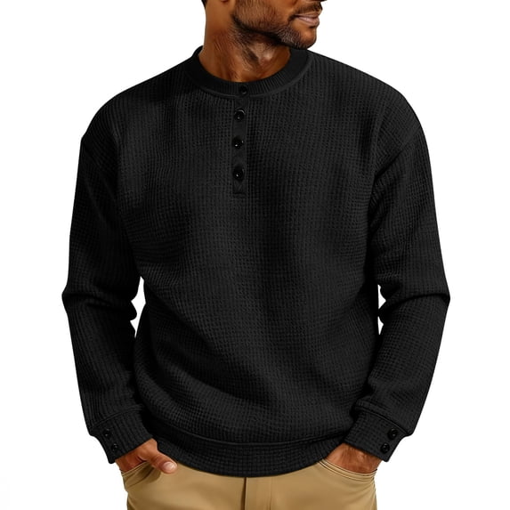 Abomasnow Mens Sweaters Casual Long Sleeve Mock Neck Waffle T-Shirts Lightweight 4 Button Thermal Pullover Tops