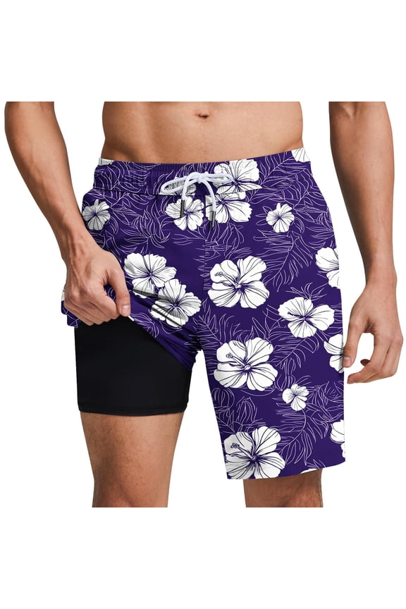 Mens Swim Trunks with Compression Liner 2 in 1 Board Shorts 9 Inch Quick Dry Swimming Trunks with Pockets