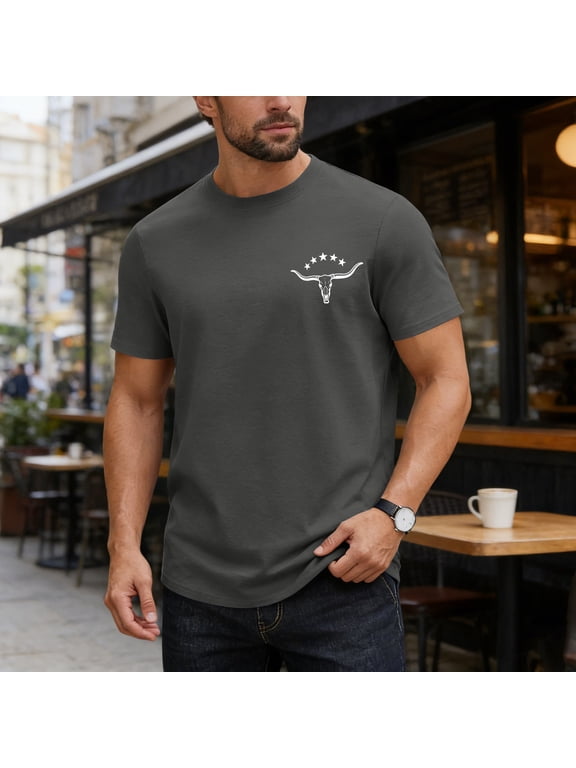 Mens T Shirt Vintage Bull Skull Head Pattern Tees Classic Fit Short Sleeve Crewneck Shirts
