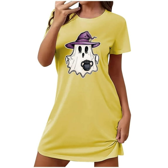 Cxenplz Nightgowns for Women Short Sleeve T Shirt Sleep Dress Comfy Round Neck Sleepshirt Sleepwear Halloween Print Lounge Pullovers Nightshirt on Clearance