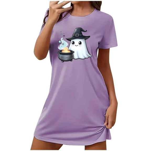 Cxenplz Nightgowns for Women Short Sleeve T Shirt Sleep Dress Comfy Round Neck Sleepshirt Sleepwear Halloween Print Lounge Pullovers Nightshirt on Clearance