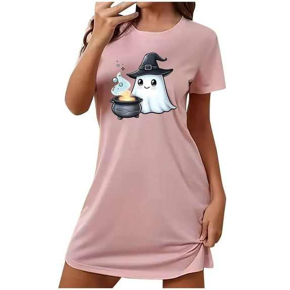 Cxenplz Nightgowns for Women Short Sleeve T Shirt Sleep Dress Comfy Round Neck Sleepshirt Sleepwear Halloween Print Lounge Pullovers Nightshirt on Clearance