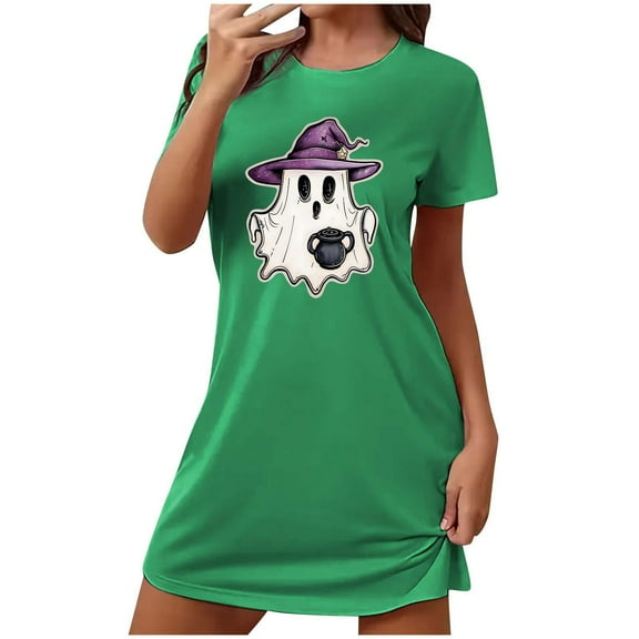 Cxenplz Nightgowns for Women Short Sleeve T Shirt Sleep Dress Comfy Round Neck Sleepshirt Sleepwear Halloween Print Lounge Pullovers Nightshirt on Clearance