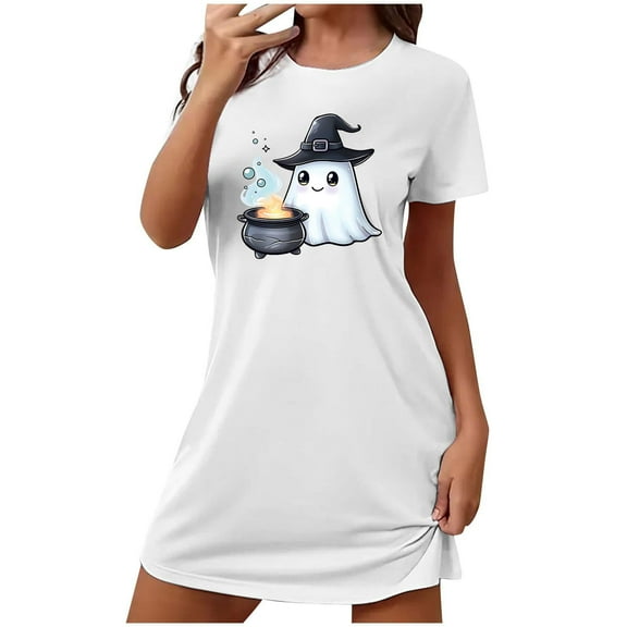 Cxenplz Nightgowns for Women Short Sleeve T Shirt Sleep Dress Comfy Round Neck Sleepshirt Sleepwear Halloween Print Lounge Pullovers Nightshirt on Clearance