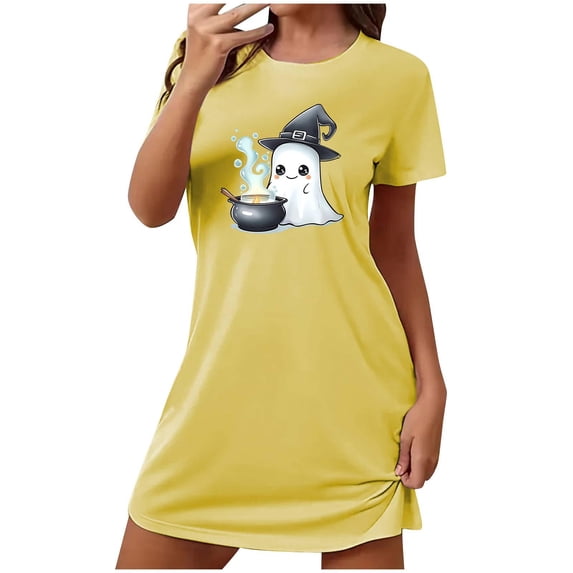 Cxenplz Nightgowns for Women Short Sleeve T Shirt Sleep Dress Comfy Round Neck Sleepshirt Sleepwear Halloween Print Lounge Pullovers Nightshirt on Clearance