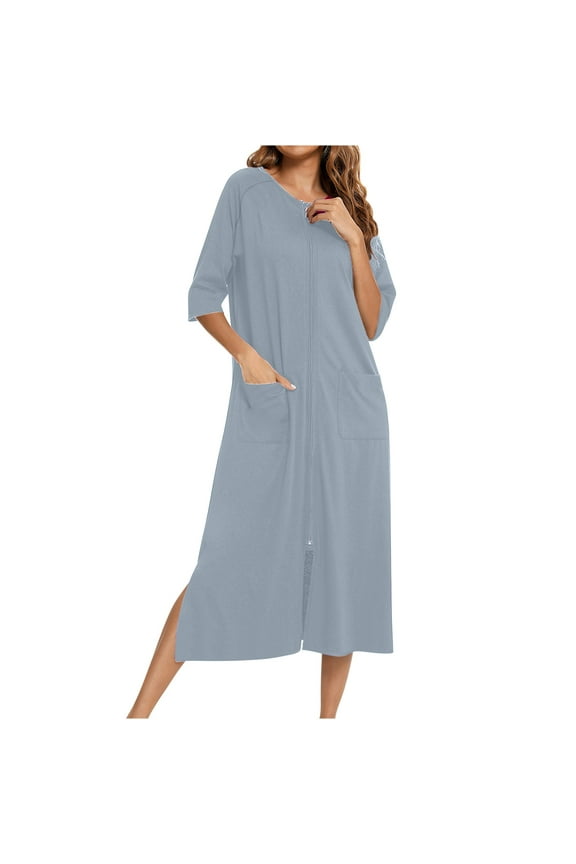 Nightgowns for Women 3/4 Sleeve Full Length Sleepwear Zip Up Crewneck Side Split House Coat with Pockets