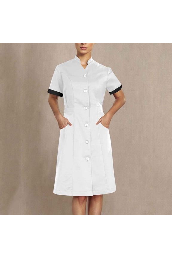 Nurse Scrubs Dress for Women Formal Lapel Neck Short Sleeve Button Down Work Dress Comfy Nursing Uniform with Pockets