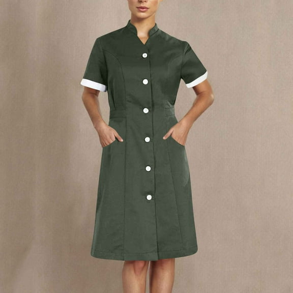 Abomasnow Nurse Scrubs Dress for Women Formal Lapel Neck Short Sleeve Button Down Work Dress Comfy Nursing Uniform with Pockets