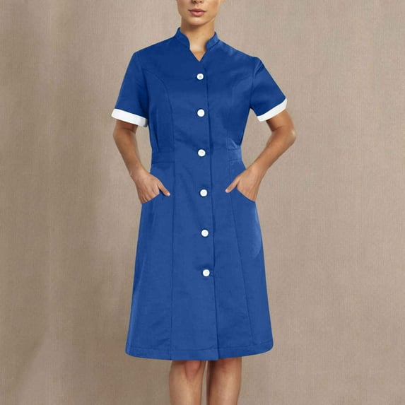 Abomasnow Nurse Scrubs Dress for Women Formal Lapel Neck Short Sleeve Button Down Work Dress Comfy Nursing Uniform with Pockets