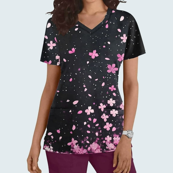 Abomasnow Oversized Scrub Tops for Women Short Sleeve Stretchy Medical Working Uniforms Cute Floral Printed V Neck Nursing Tee