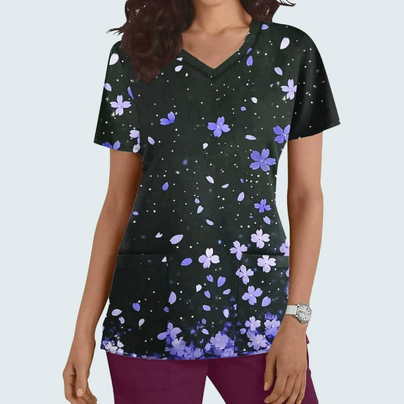 Abomasnow Oversized Scrub Tops for Women Short Sleeve Stretchy Medical Working Uniforms Cute Floral Printed V Neck Nursing Tee