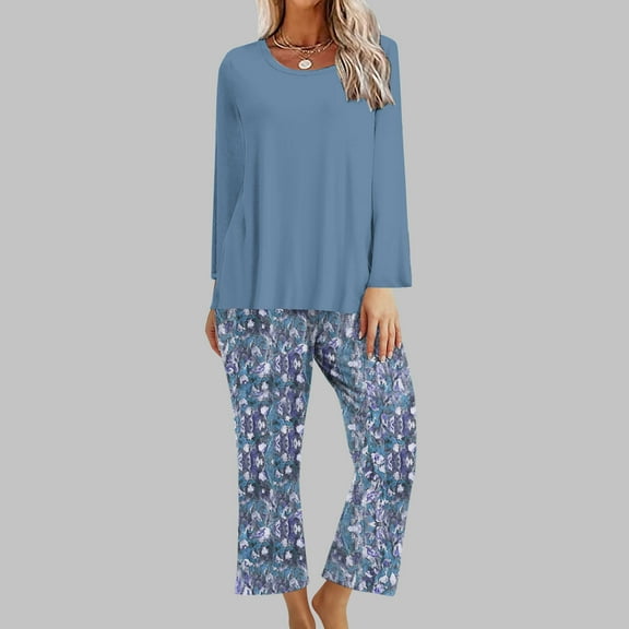 Abomasnow Pajamas Set for Women Long Sleeve Lounge Wear Sets 2 Piece Outfits Casual Sleepwear Sets Fashion Solid Crew Neck Tops and Floral Print Wide Leg Pant S-XXL