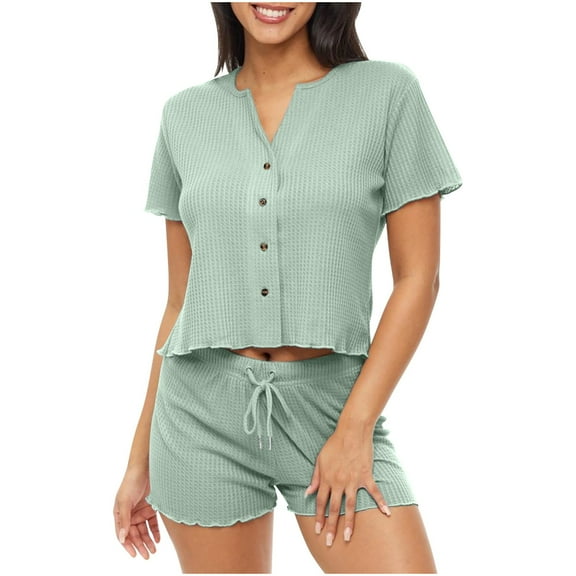 Abomasnow Womens 2 Piece Lounge Set Ribbed Knit Short Sleeve Pullover Tops and Drawstring Pants Casual Summer Pajamas Set