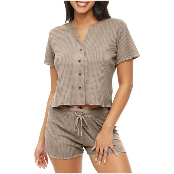 Abomasnow Womens 2 Piece Lounge Set Ribbed Knit Short Sleeve Pullover Tops and Drawstring Pants Casual Summer Pajamas Set