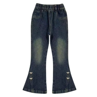 Abomasnow Pants for Girls Casual Fall Denim Elastic Waist Flare Wide Leg Bell Bottom Pants Bow Tie Ruched Straight Leg Basic Long Leg Pants Kids Clothes