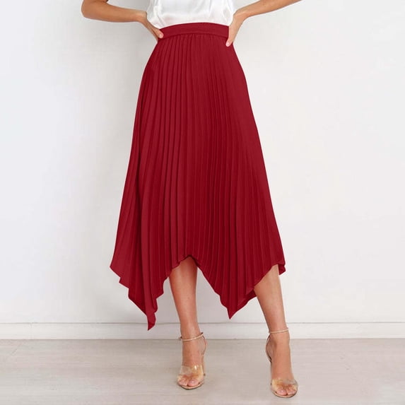 Abomasnow Pleated Midi Skirts for Women High Elastic Waisted Asymmetrical Hem Skirts Trendy A Line Swing Long Skirts S-2XL