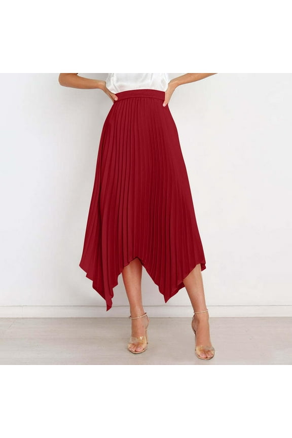 Pleated Midi Skirts for Women High Elastic Waisted Asymmetrical Hem Skirts Trendy A Line Swing Long Skirts S-2XL
