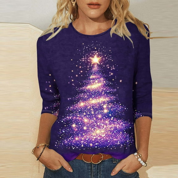 Abomasnow Plus Size Christmas Shirts for Women 3/4 Sleeve Crewneck Xmas Tree Print Pullover Tops Christmas Gifts S-5XL
