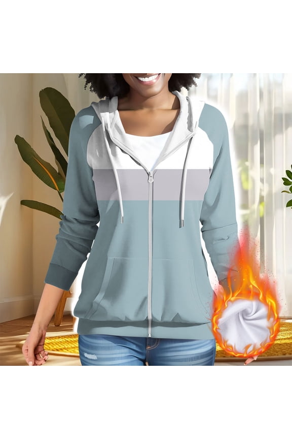 Plus Size Hoodies for Women Color Block Hooded Sweatshirt Long Sleeve Zip-Up Basic Jersey Jacket with Pockets S-3XL
