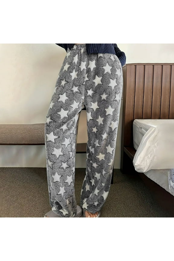 Plus Size Plush Pajama Pants Women Soft Fleece Lined Lounge Pants Fuzzy Warm Pj Bottoms Star Graphic Flannel Loungewear Pant