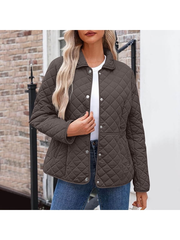 Plus Size Quilted Jackets for Women Lightweight Button Down Diamond Puffer Jacket Winter Stand Collar Warm Coat Outwear