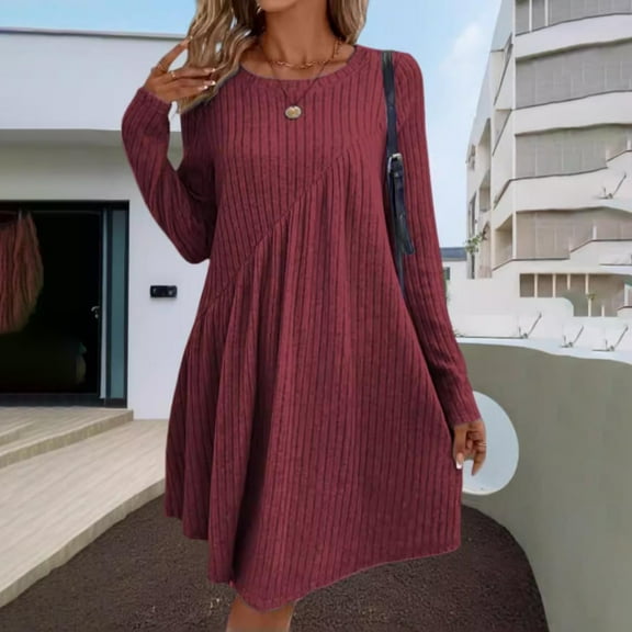 Abomasnow Plus Size Ribbed Knit Dress for Women Casual Long Sleeve Crewneck Flowy Swing T-Shirt Dresses Fall Winter Oufits S-3XL