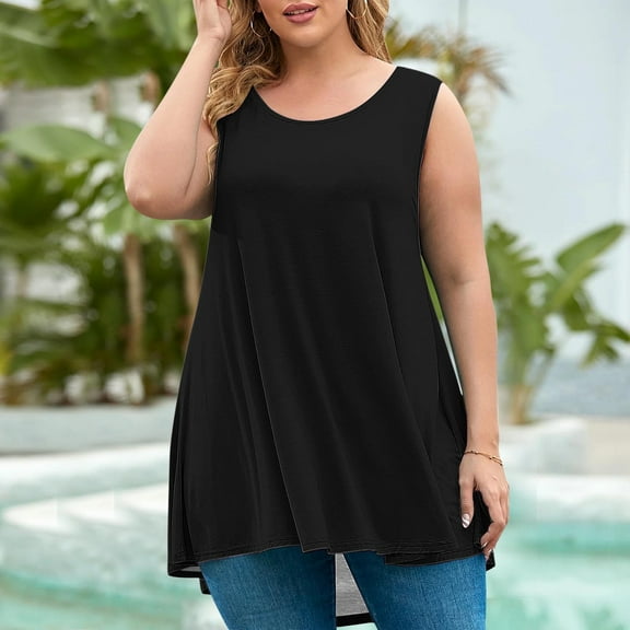 Abomasnow Plus Size Tank Tops for Women Loose Fit Sleeveless Crew Neck Long Vests Women's Summer Tanks Black 5X