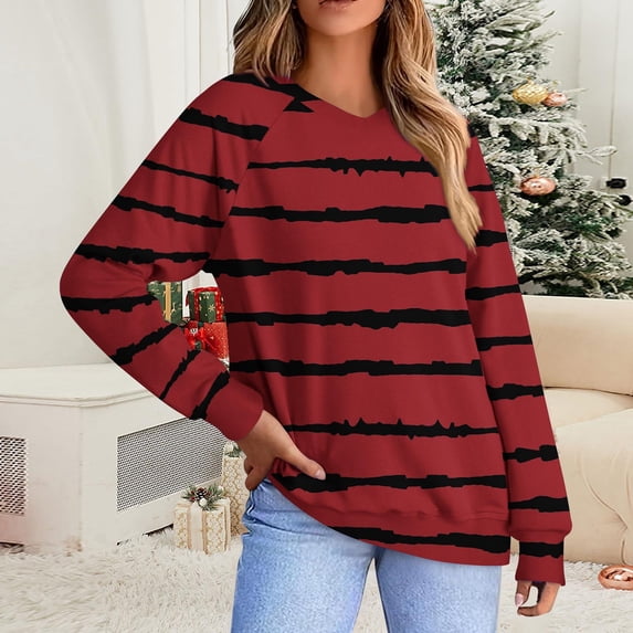 Abomasnow Plus Size Tops for Women Casual Long Sleeve Shirts for Women Fall Winter Stripe Print V Neck Pullover Tees S-5XL