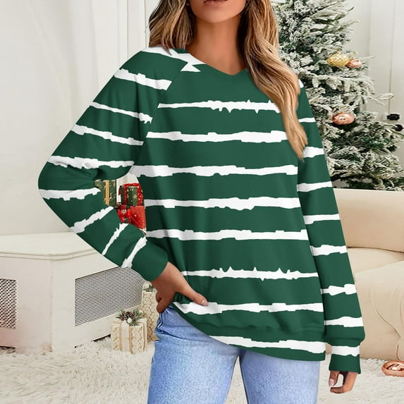 Abomasnow Plus Size Tops for Women Casual Long Sleeve Shirts for Women Fall Winter Stripe Print V Neck Pullover Tees S-5XL