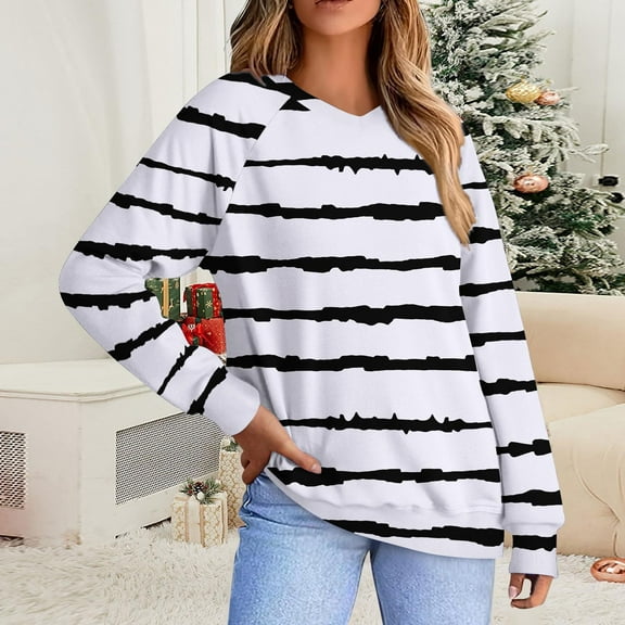 Abomasnow Plus Size Tops for Women Casual Long Sleeve Shirts for Women Fall Winter Stripe Print V Neck Pullover Tees S-5XL