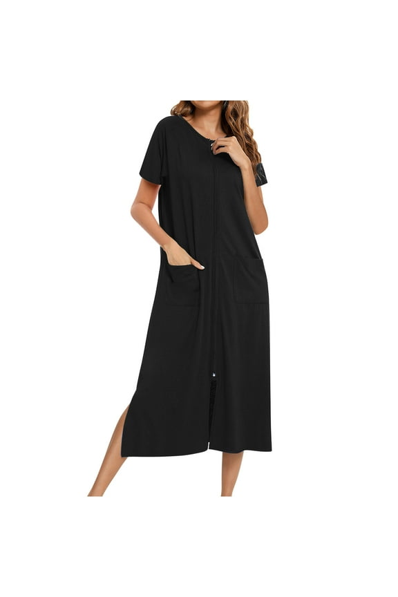 Robes for Women Loose Fit Zipper Front Short Sleeve Full Length Spa Bathrobe with Pockets S-2XL