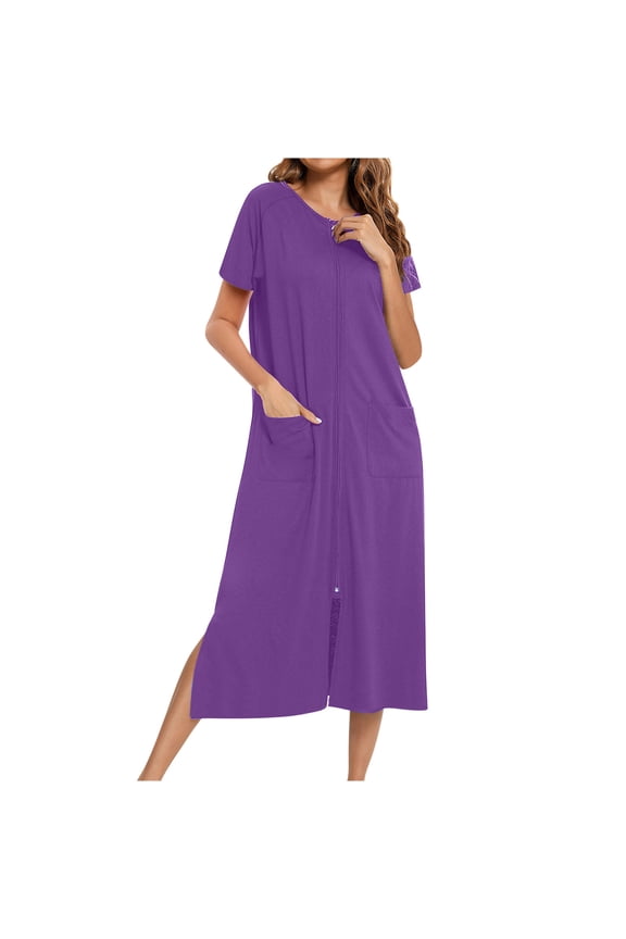 Robes for Women Loose Fit Zipper Front Short Sleeve Full Length Spa Bathrobe with Pockets S-2XL