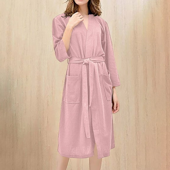 Abomasnow Robes for Women Ribbed Knit Bathrobe Soft Knee Length Kimono Robe Fall Winter Long Sleeve Sleepwear Lace up Lightweight Robe with Pockets