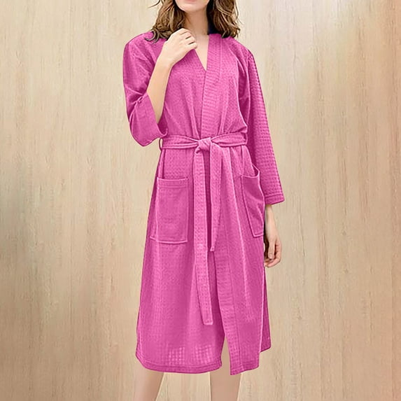 Abomasnow Robes for Women Ribbed Knit Bathrobe Soft Knee Length Kimono Robe Fall Winter Long Sleeve Sleepwear Lace up Lightweight Robe with Pockets
