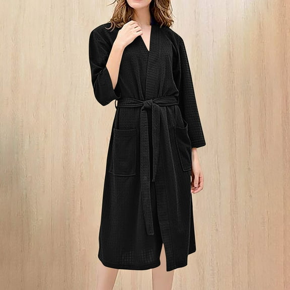 Abomasnow Robes for Women Ribbed Knit Bathrobe Soft Knee Length Kimono Robe Fall Winter Long Sleeve Sleepwear Lace up Lightweight Robe with Pockets